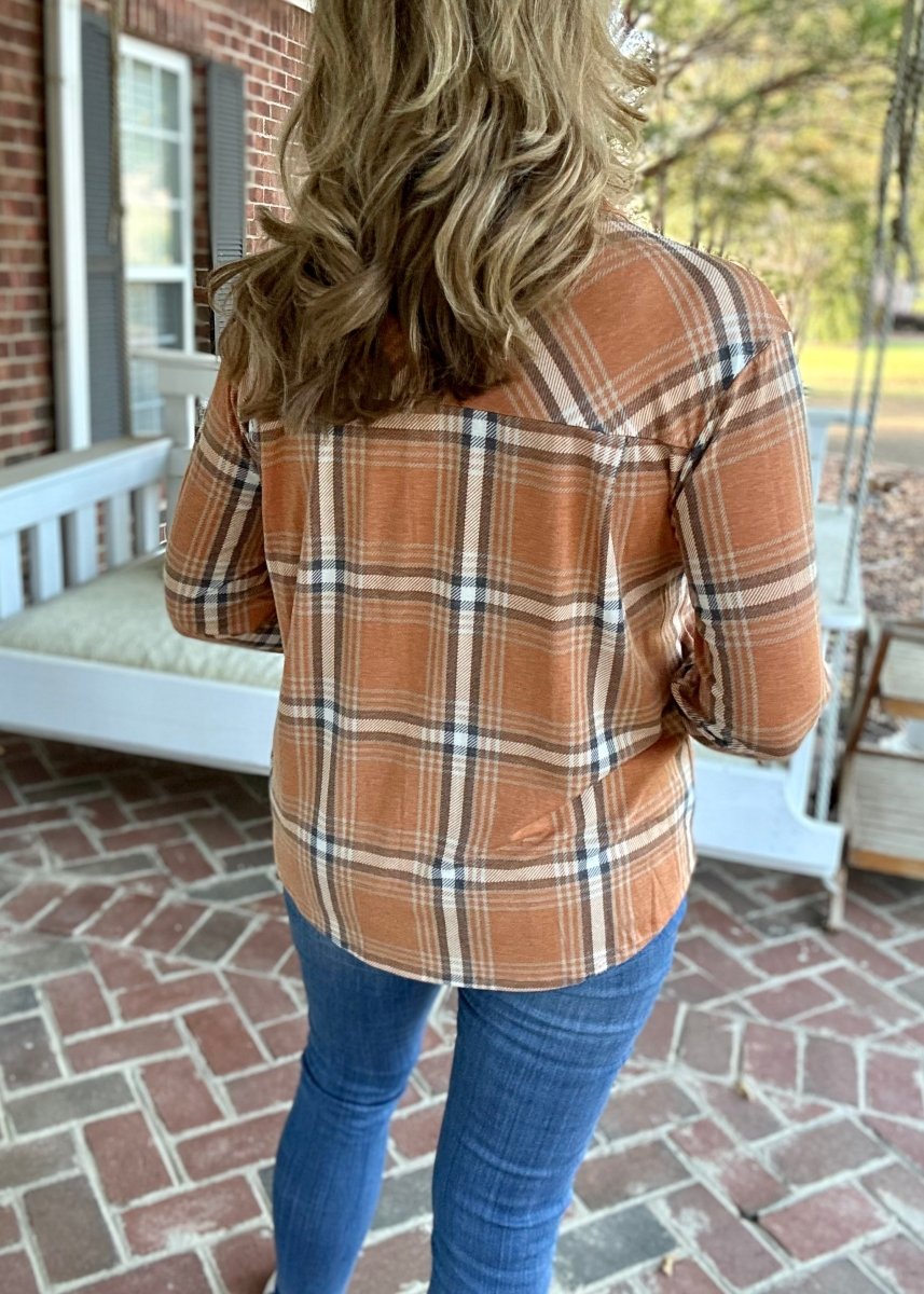 Plaid Knit Long Sleeve Top - Deep Camel - Casual Top - Jimberly's Boutique