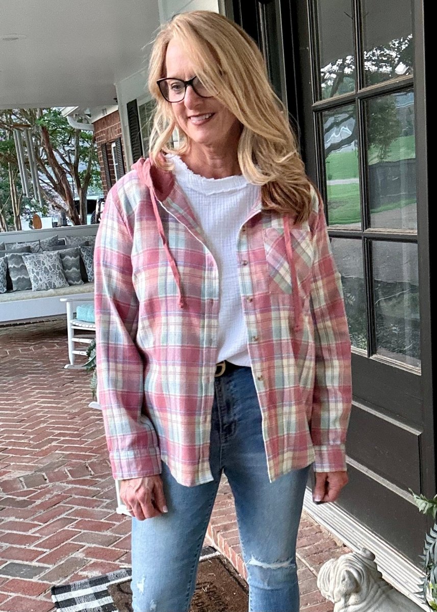 Plaid Lightweight Shacket Top - Vintage Red/Olive - Casual Shacket - Jimberly's Boutique
