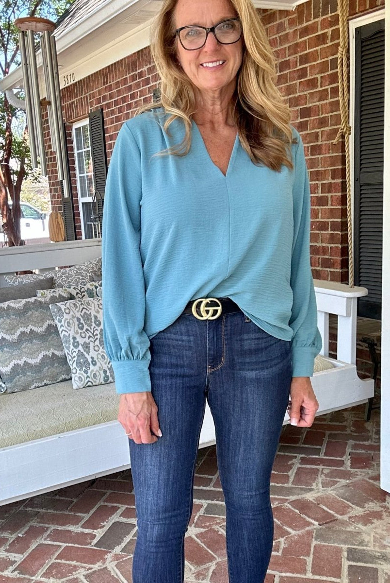 Pretty Please Top | Lightweight | Long Sleeve | Dusty Teal - Casual Top -Jimberly's Boutique-Olive Branch-Mississippi