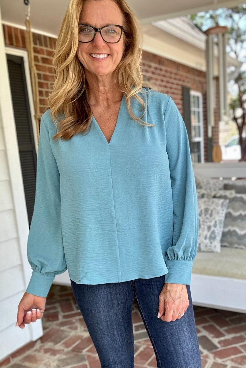 Pretty Please Top | Lightweight | Long Sleeve | Dusty Teal - Casual Top -Jimberly's Boutique-Olive Branch-Mississippi
