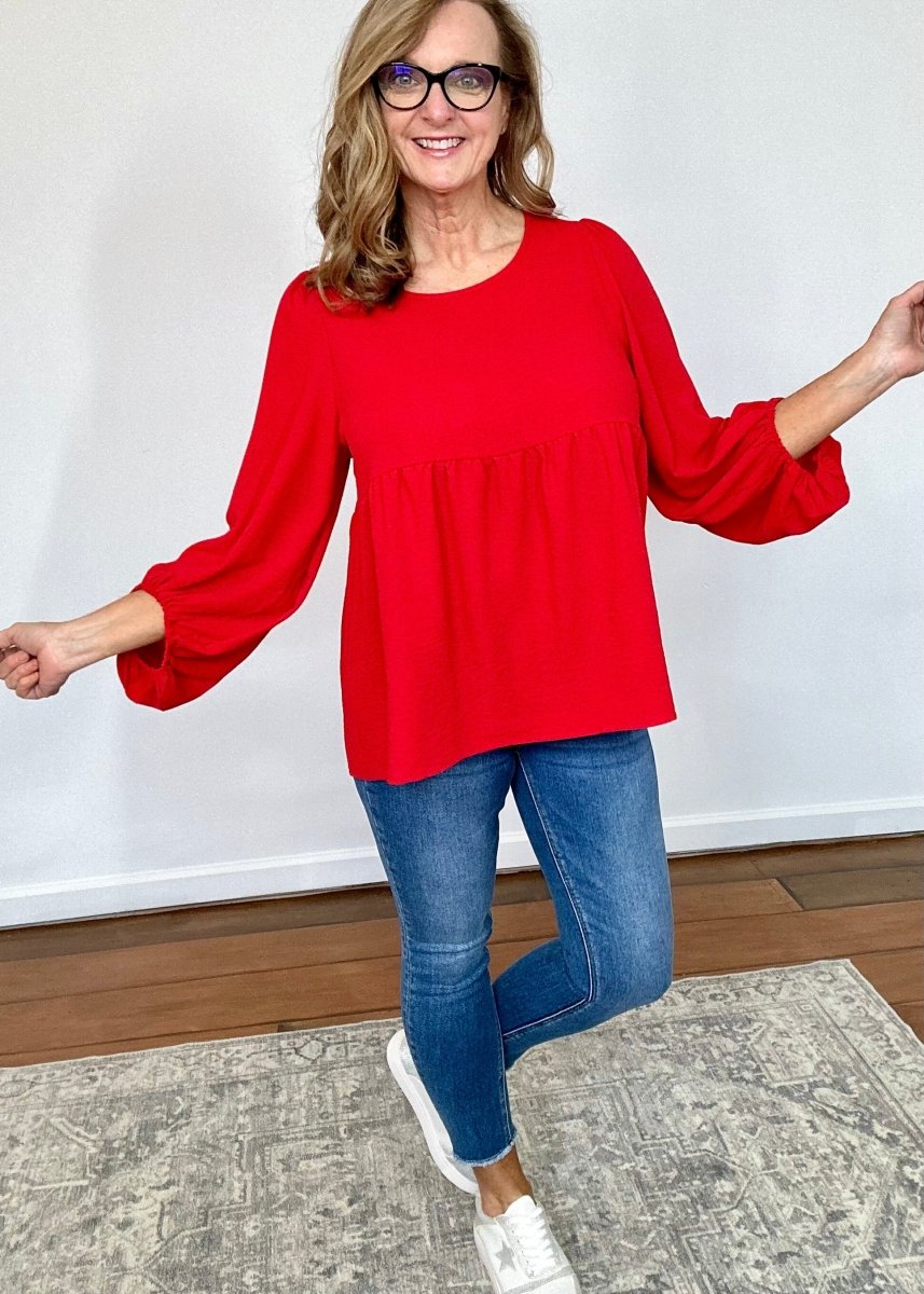 Red & Ready Bubble Sleeve Top | Cotton Bleu - Shirts & Tops -Jimberly's Boutique-Olive Branch-Mississippi