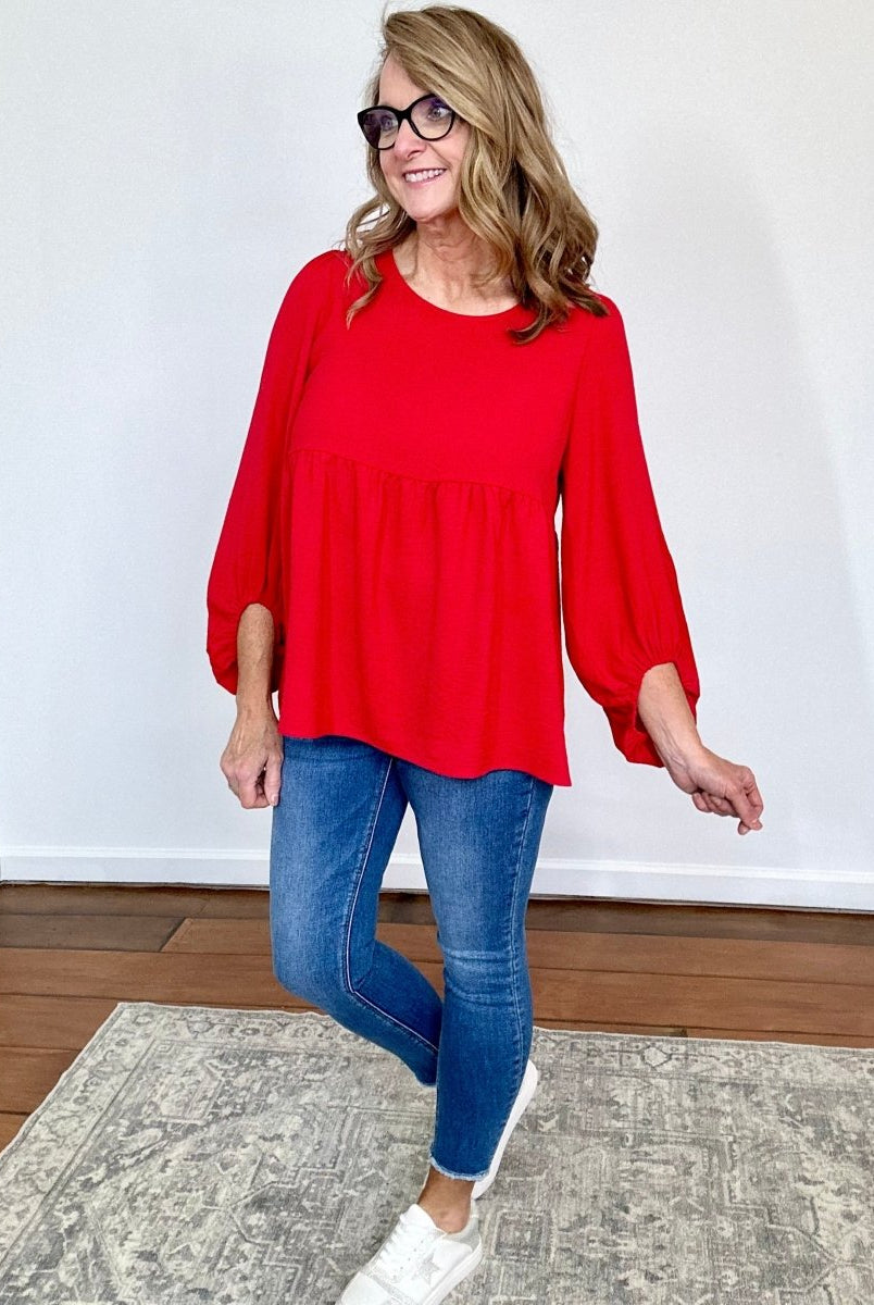 Red & Ready Bubble Sleeve Top | Cotton Bleu - Shirts & Tops -Jimberly's Boutique-Olive Branch-Mississippi