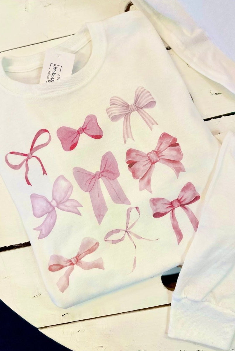 Rows of Vintage Pink Bows White Long Sleeve - Graphic Long Seevel -Jimberly's Boutique-Olive Branch-Mississippi