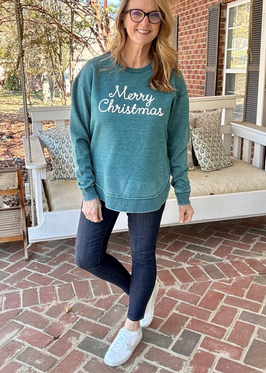 Royce Merry Christmas Chain Stitch - Long Sleeve Crew Neck - Green - Royce Sweatshirt - Jimberly's Boutique