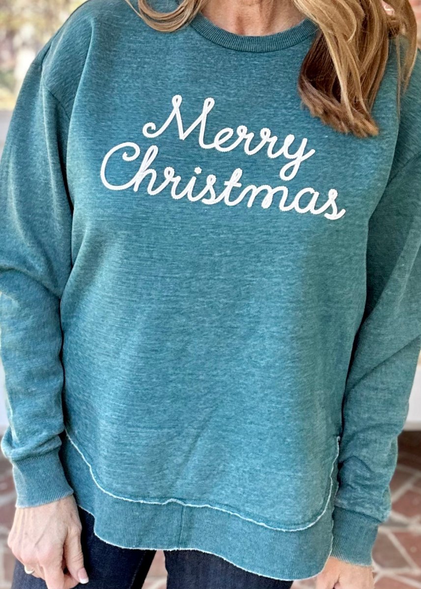 Royce Merry Christmas Chain Stitch - Long Sleeve Crew Neck - Green - Royce Sweatshirt - Jimberly's Boutique