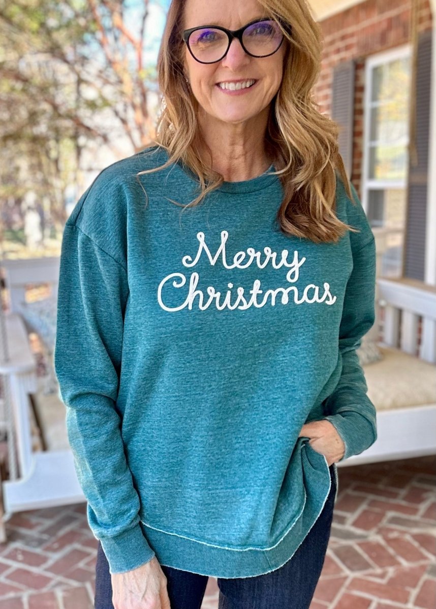 Royce Merry Christmas Chain Stitch - Long Sleeve Crew Neck - Green - Royce Sweatshirt - Jimberly's Boutique