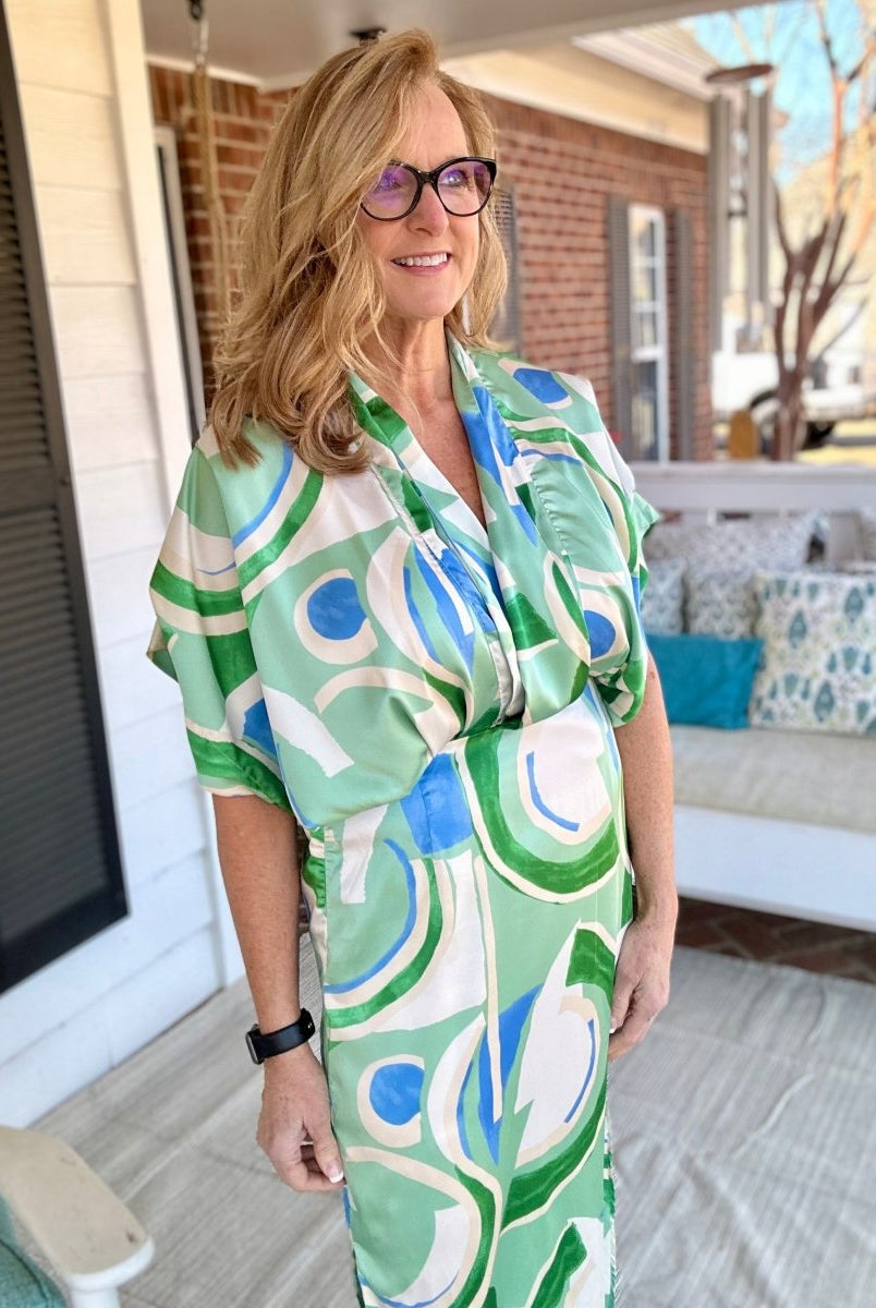 Satin Abstract Print Overlap Midi Dress - -Jimberly's Boutique-Olive Branch-Mississippi