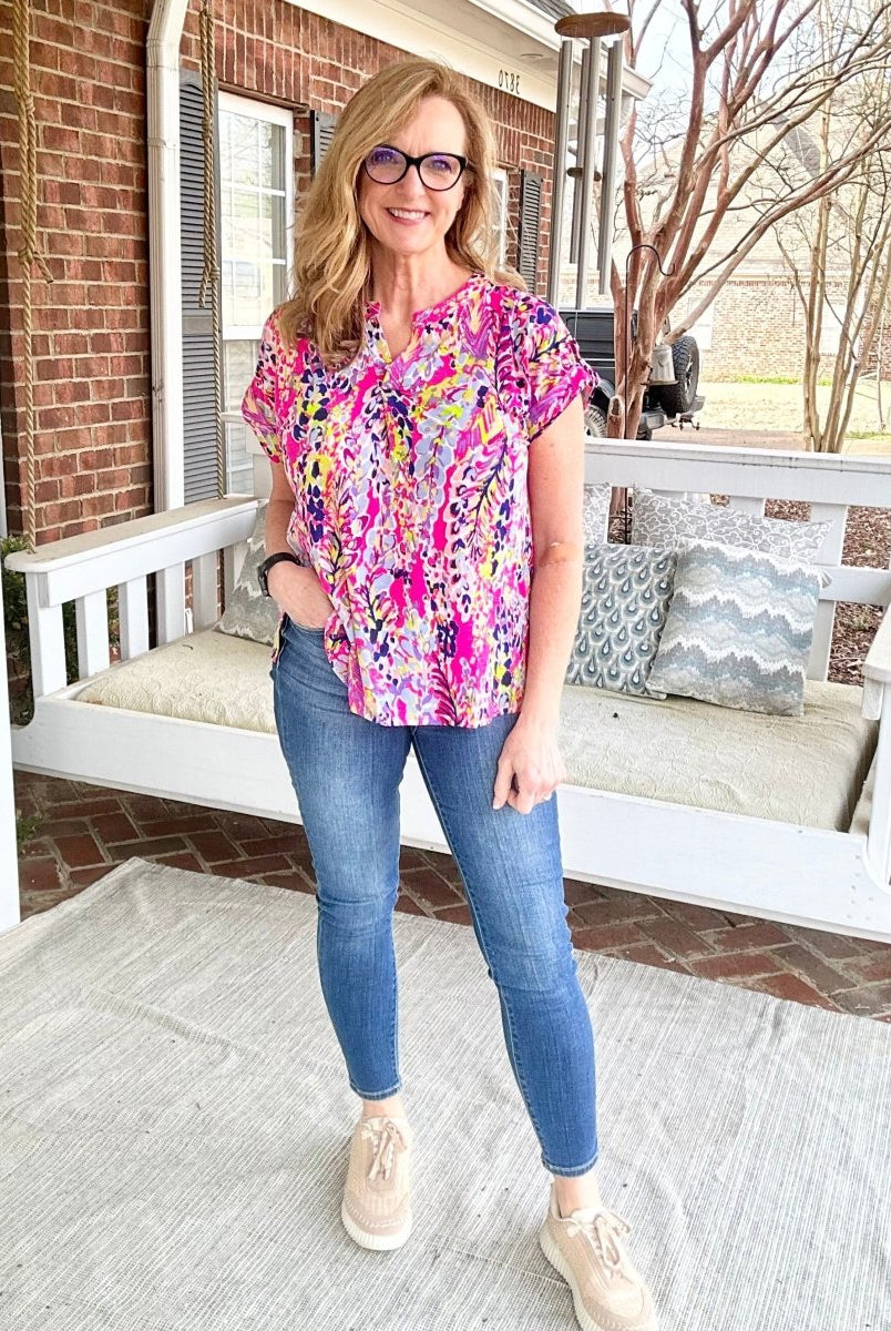 Shelly Pink Multi Print Short Sleeve Top | Dear Scarlett - Casual Top -Jimberly's Boutique-Olive Branch-Mississippi