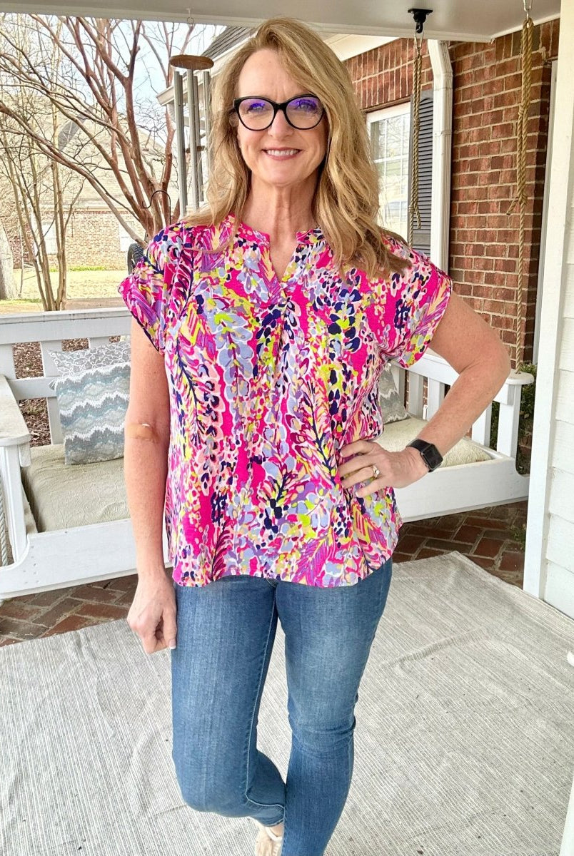 Shelly Pink Multi Print Short Sleeve Top | Dear Scarlett - Casual Top -Jimberly's Boutique-Olive Branch-Mississippi