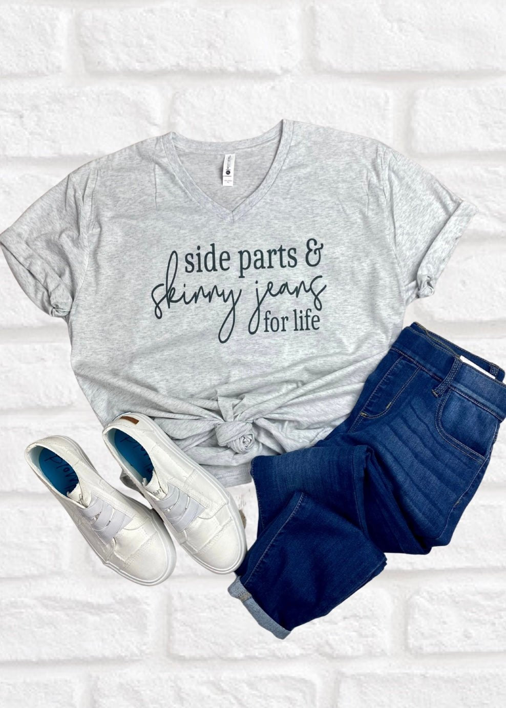 Side Parts & Skinny Jeans V Neck Graphic Tee - Jimberly's Boutique