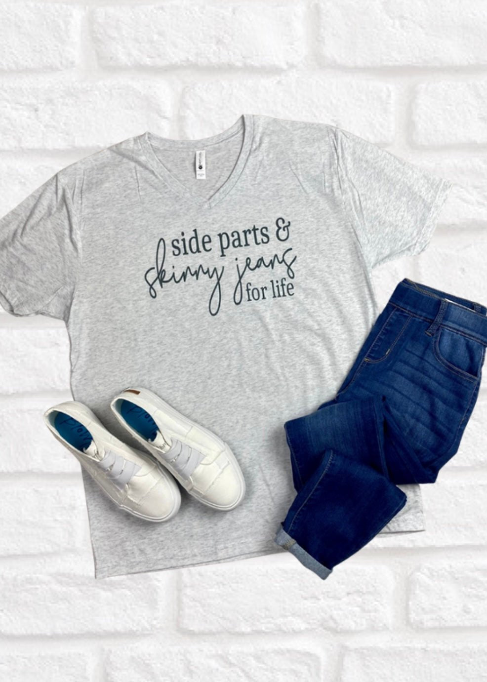 Side Parts & Skinny Jeans V Neck Graphic Tee - Jimberly's Boutique