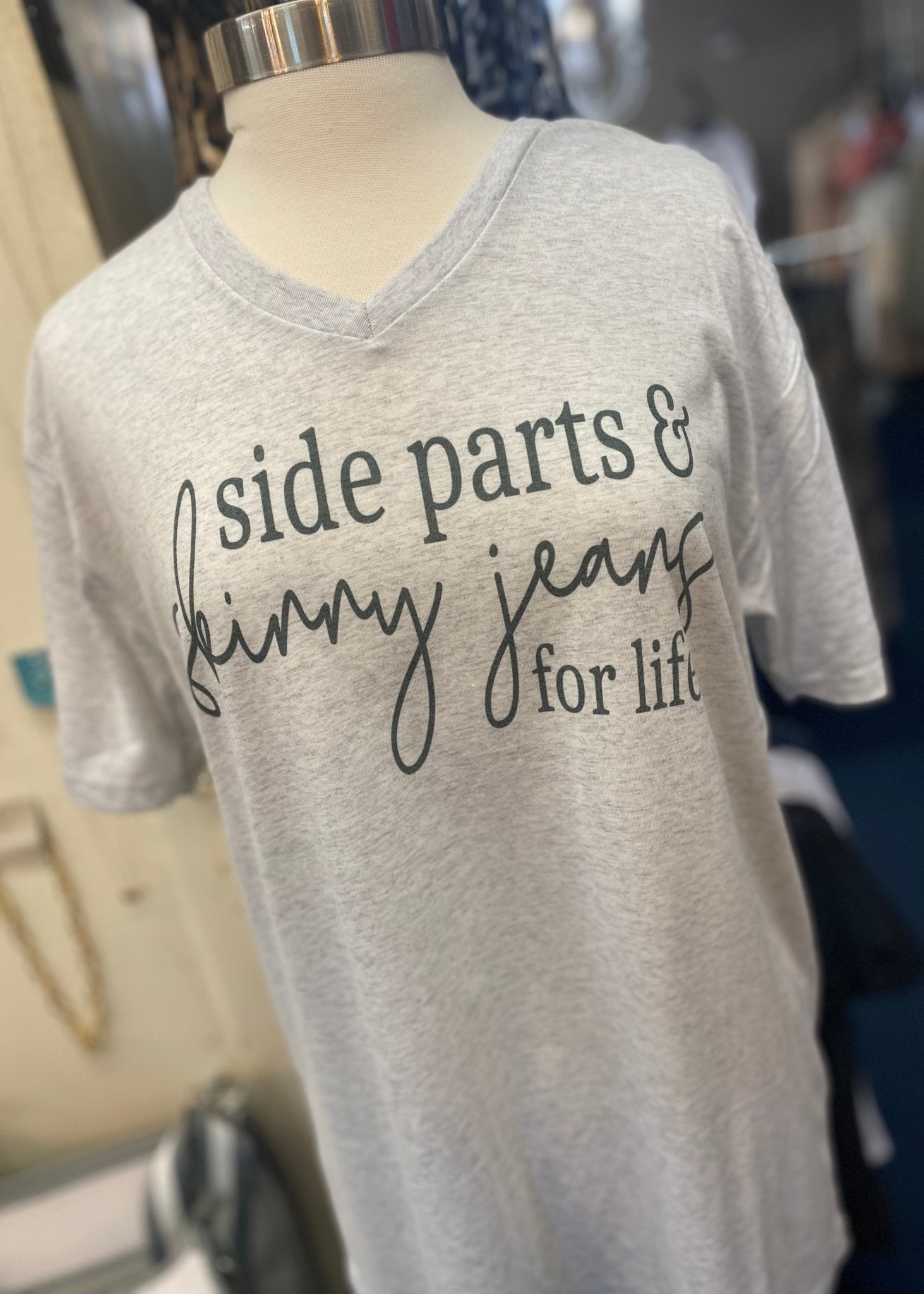 Side Parts & Skinny Jeans V Neck Graphic Tee - Jimberly's Boutique
