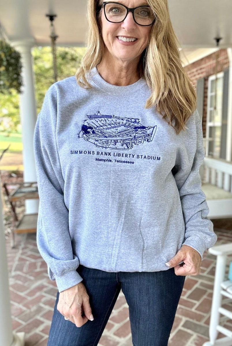 Simmons Bank Liberty Stadium | Memphis Tigers | Embroidered Sweatshirt | Sport Grey | Olive Branch | MS - Graphic Sweatshirt -Jimberly's Boutique-Olive Branch-Mississippi