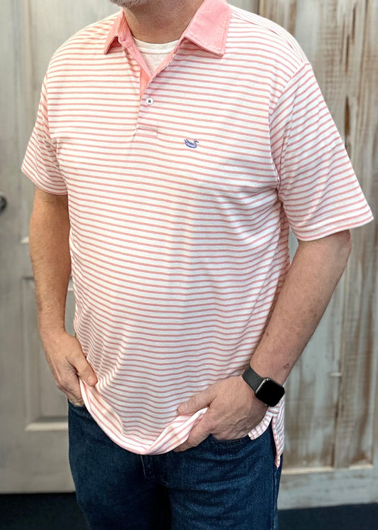 Southern Marsh Albany Flats Stripe Polo - Coral - Jimberly's Boutique