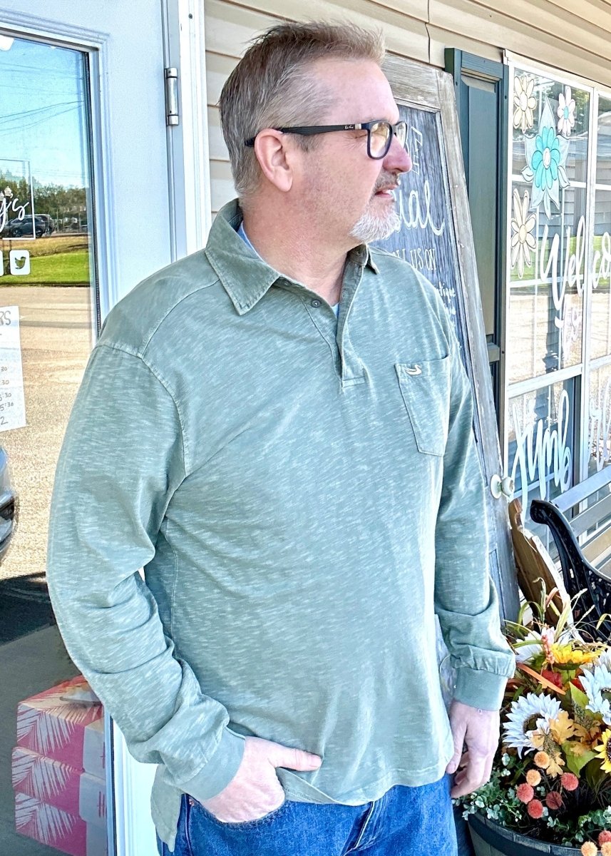 Southern Marsh Slub Polo - Long Sleeve - Sandstone or Washed Blue - Southern Slub Polo -Jimberly's Boutique-Olive Branch-Mississippi