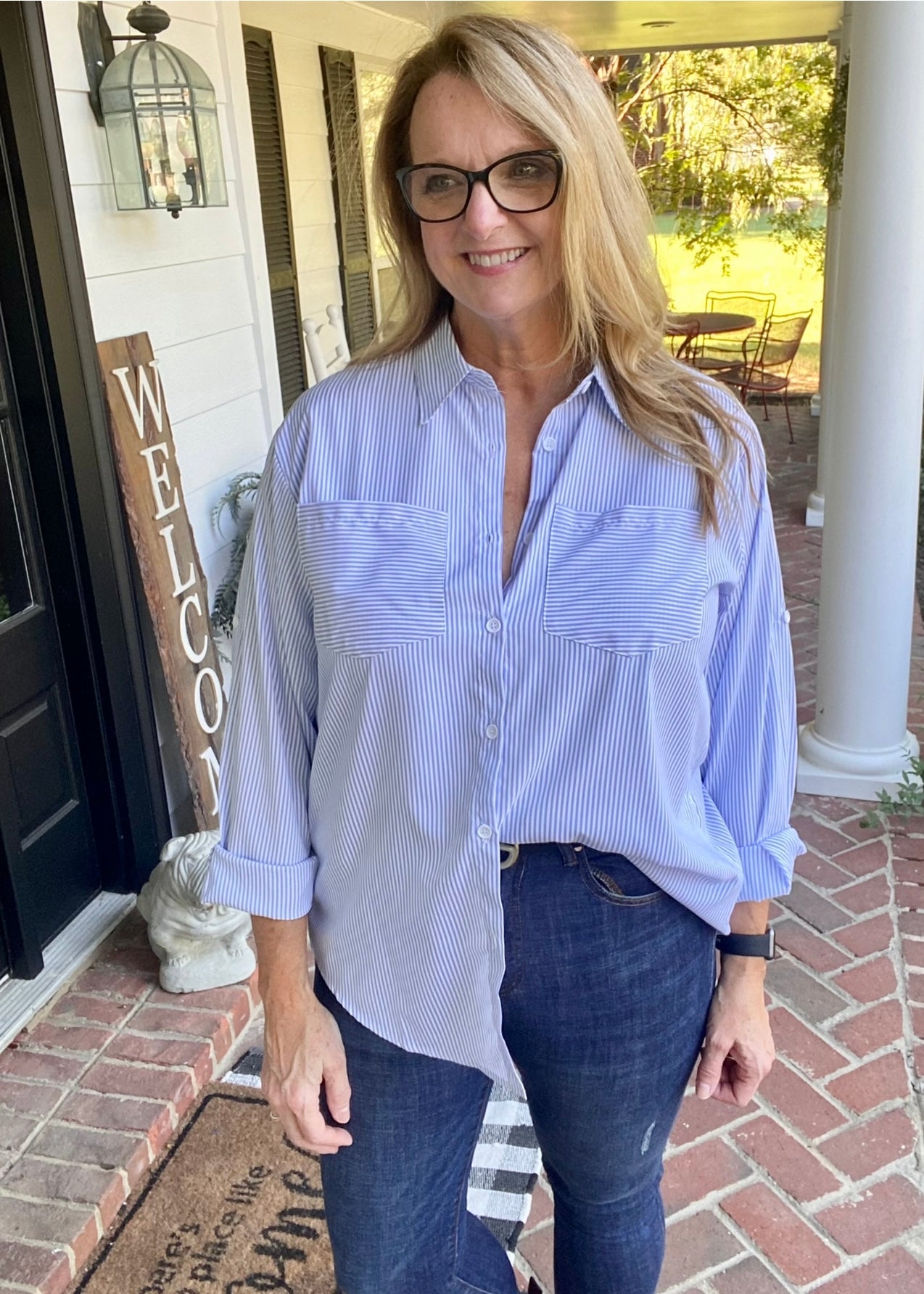 Striped Button Down Shirt - Light Blue - Jimberly's Boutique