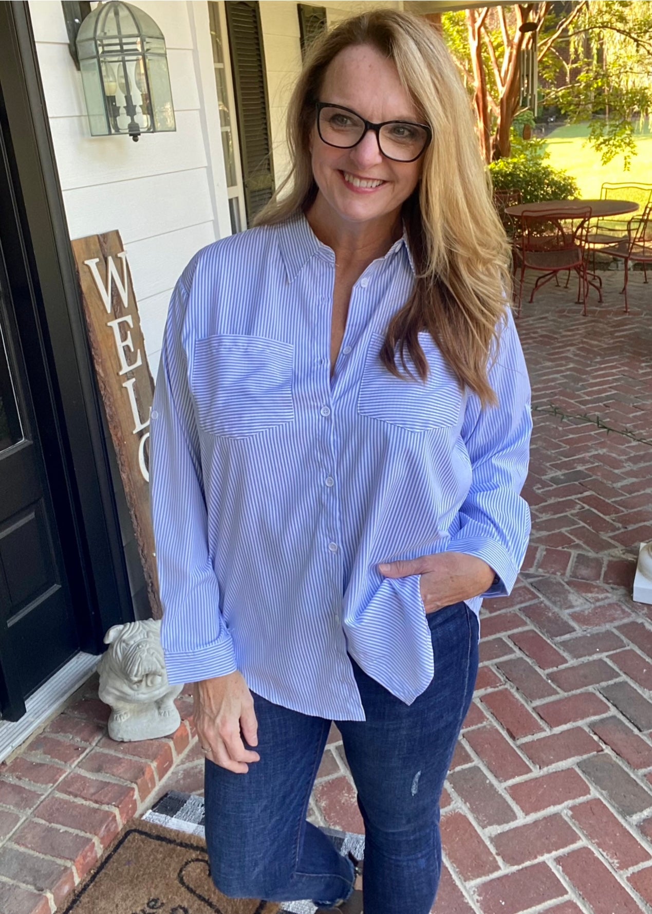 Striped Button Down Shirt - Light Blue - Jimberly's Boutique