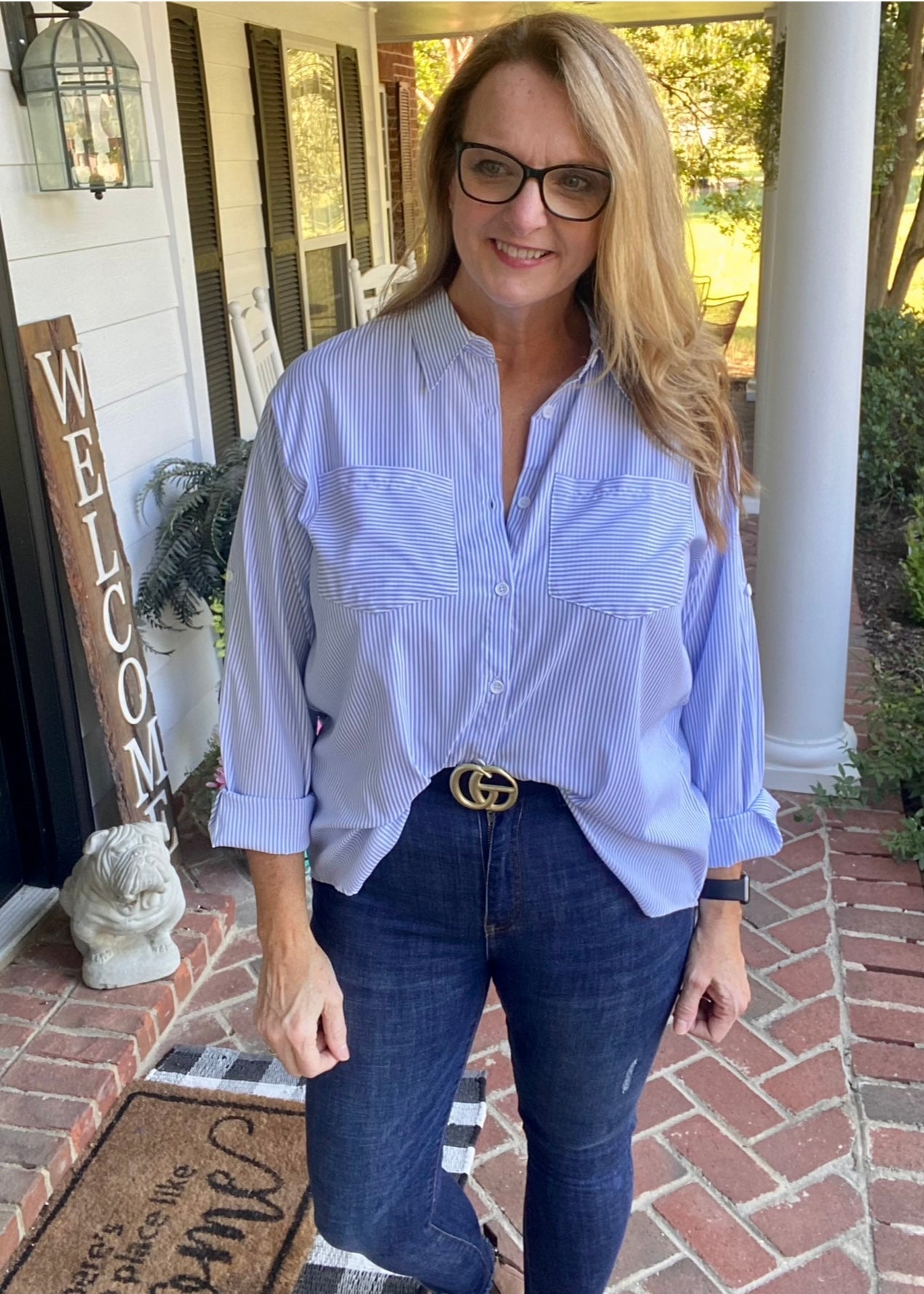 Striped Button Down Shirt - Light Blue - Jimberly's Boutique