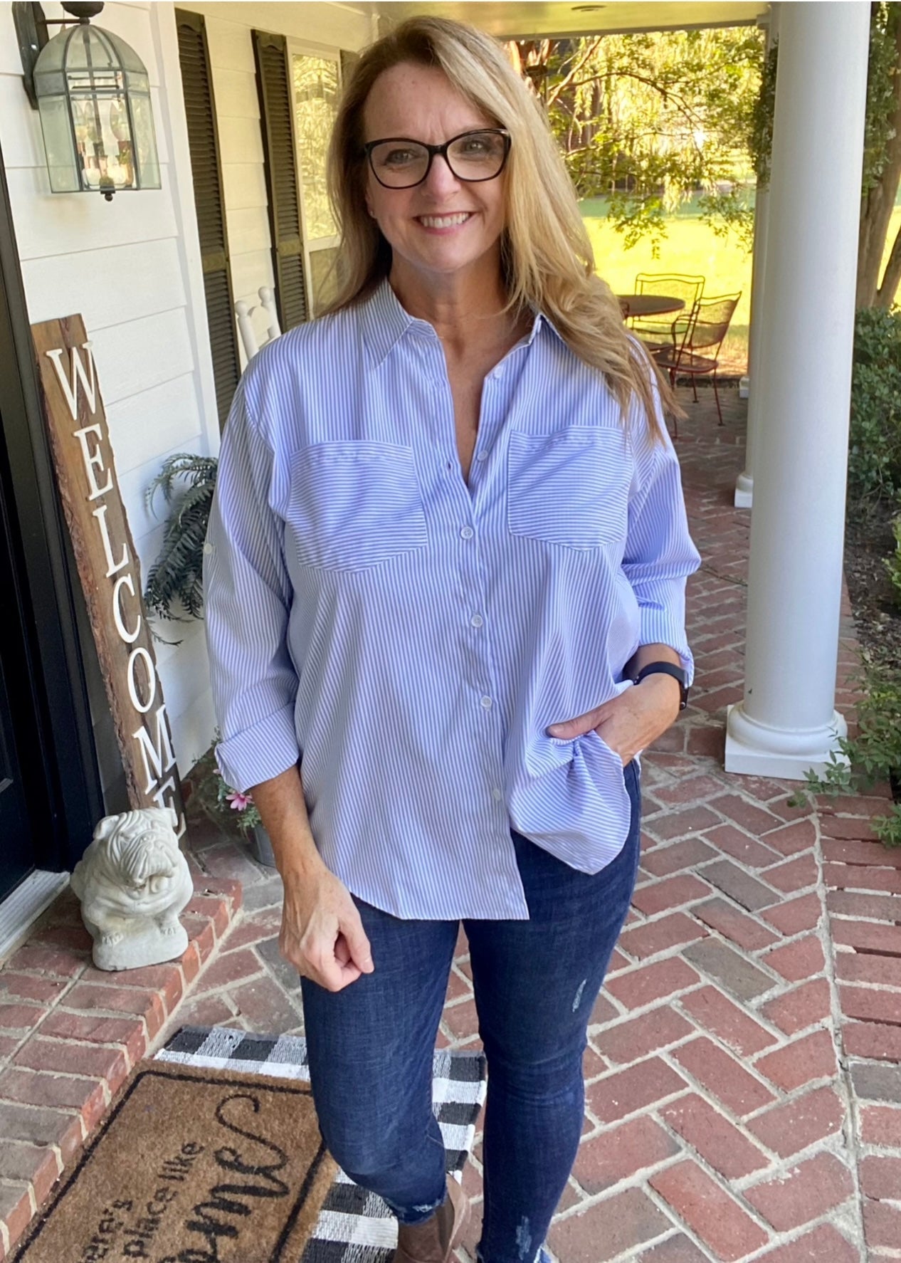 Striped Button Down Shirt - Light Blue - Jimberly's Boutique