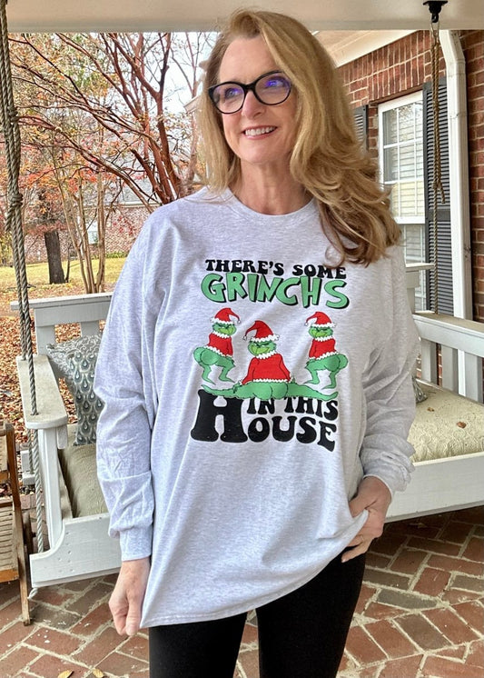 There's Some Grinchs In This House Long Sleeve Tee - Light Grey - Graphic Long Sleeve - Jimberly's Boutique