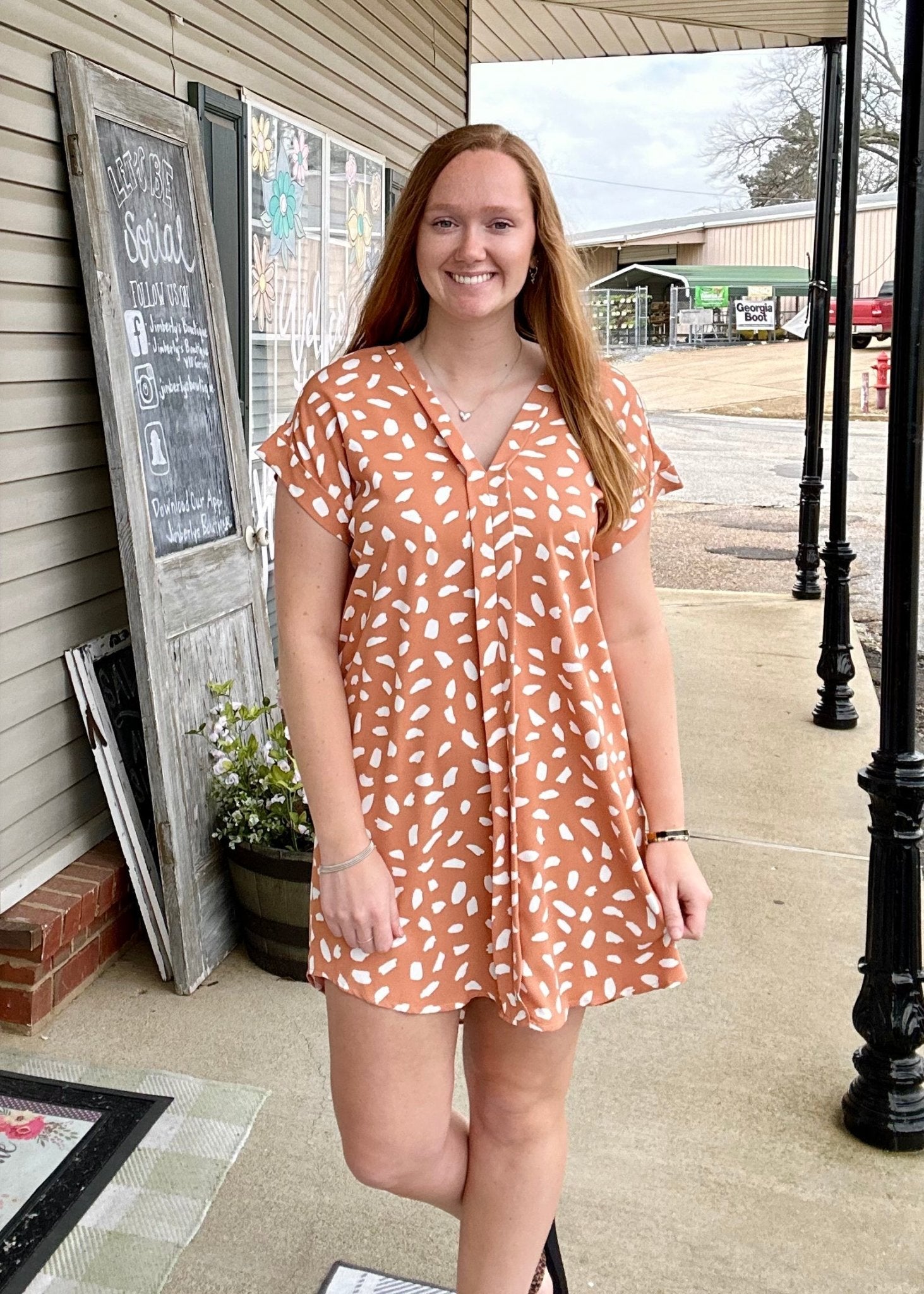 Umgee Apricot Dalmatian Print Dress - Jimberly's Boutique