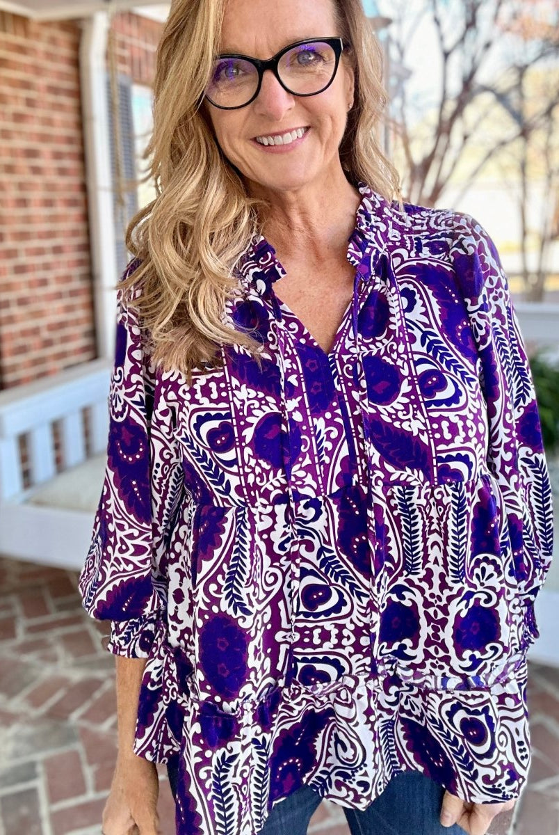 Umgee Baby Doll Ruffle Paisley Top - Eggplant - Shirts & Tops -Jimberly's Boutique-Olive Branch-Mississippi