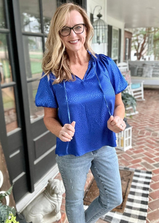 Umgee Smocked Animal Print Top - Cobalt - Shirts & Tops - Jimberly's Boutique