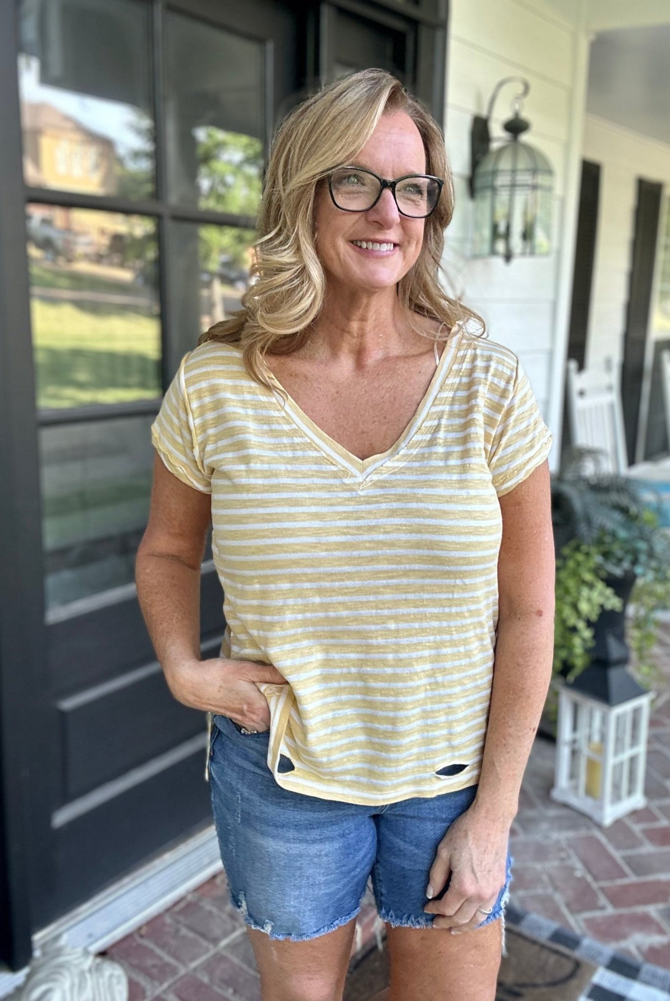 Umgee Striped V Neck Top - Honey - Casual Top -Jimberly's Boutique-Olive Branch-Mississippi