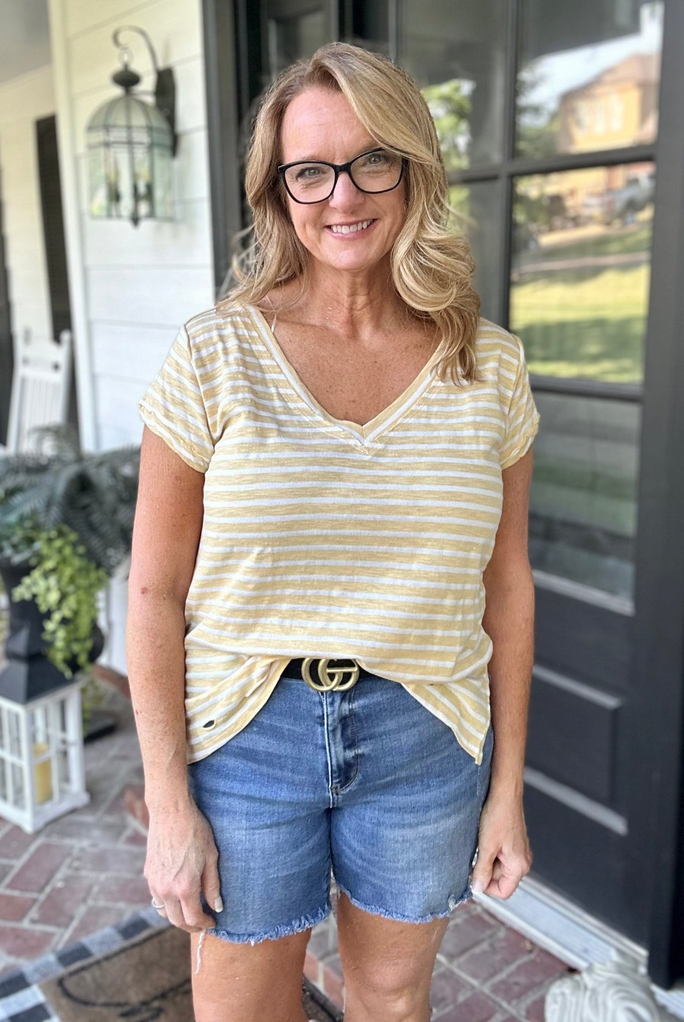 Umgee Striped V Neck Top - Honey - Casual Top -Jimberly's Boutique-Olive Branch-Mississippi