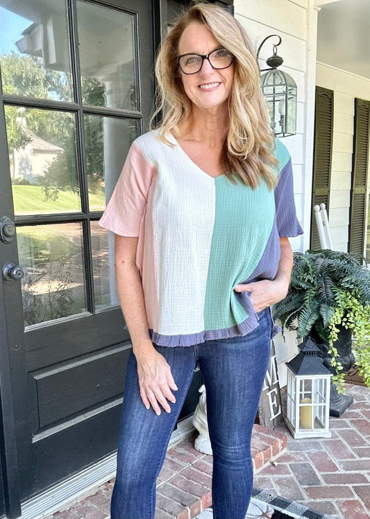 Umgee V Neck Colorblock Top - Jimberly's Boutique