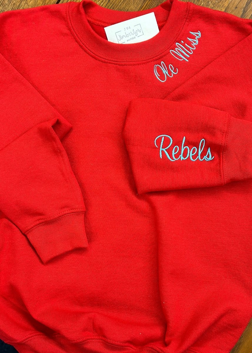 Youth | Ole Miss| Embroidered Sweatshirt | Red - Embroidered Sweatshirt -Jimberly's Boutique-Olive Branch-Mississippi