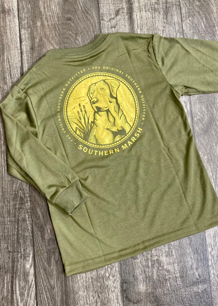 Youth Southern Marsh FieldTec Comfort Tee - Engraved Outfitter - Long Sleeve - Dark Olive - Graphic Tee - Jimberly's Boutique - Olive Branch - Mississippi