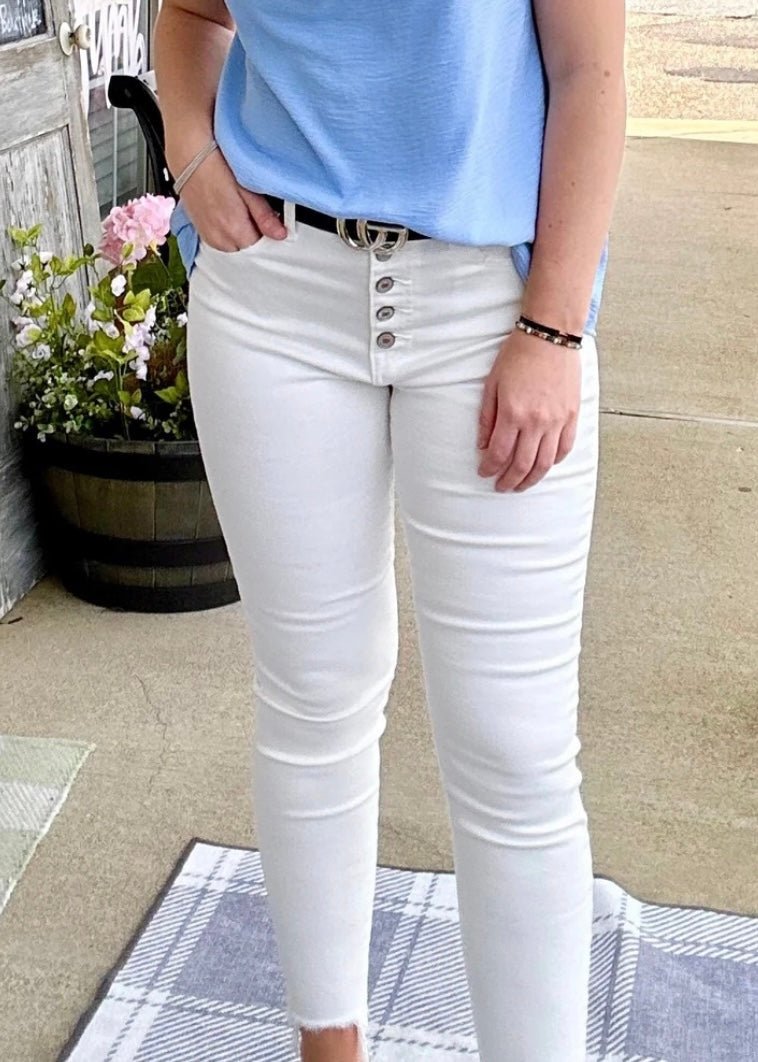 Zenana Button Front Skinny Jeans - White - -Jimberly's Boutique-Olive Branch-Mississippi