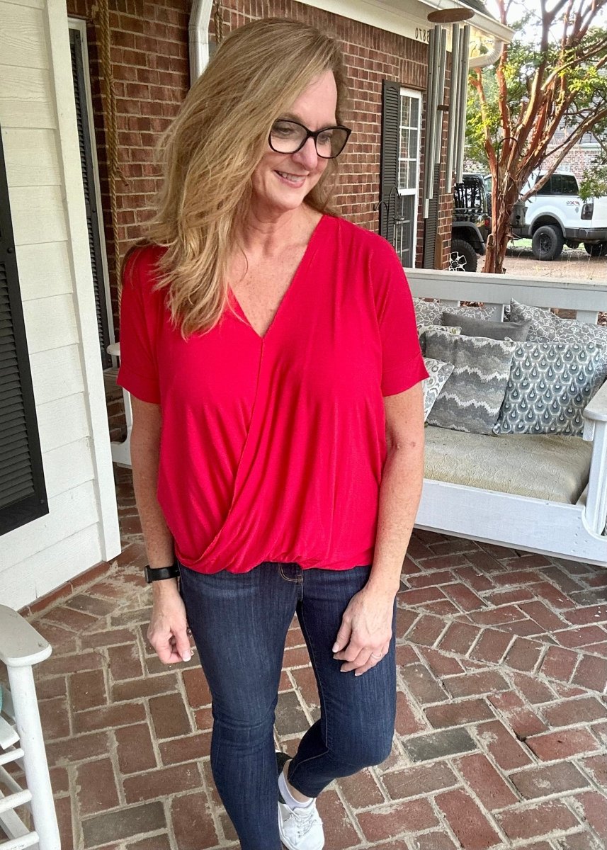Zenana Draped Front Top - Ruby Red - Shirts & Tops -Jimberly's Boutique-Olive Branch-Mississippi