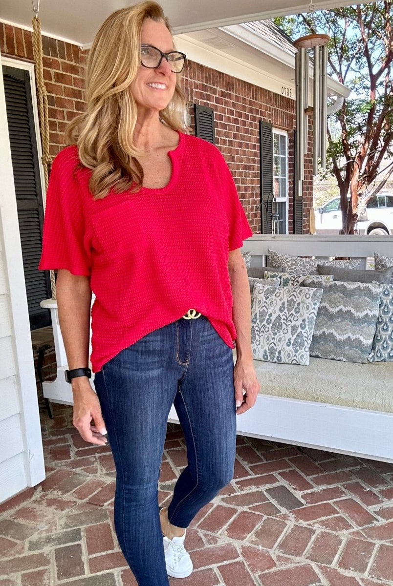 Zenana Key Hole Neckline Lightweight Sweater - Ruby Red (Reg & Plus) - Shirts & Tops -Jimberly's Boutique-Olive Branch-Mississippi